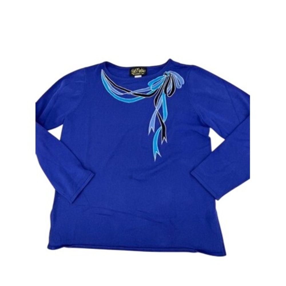 Bob Mackie Wearable Art Sweater Womens Medium Blue Embroidered Bow Metallic Knit